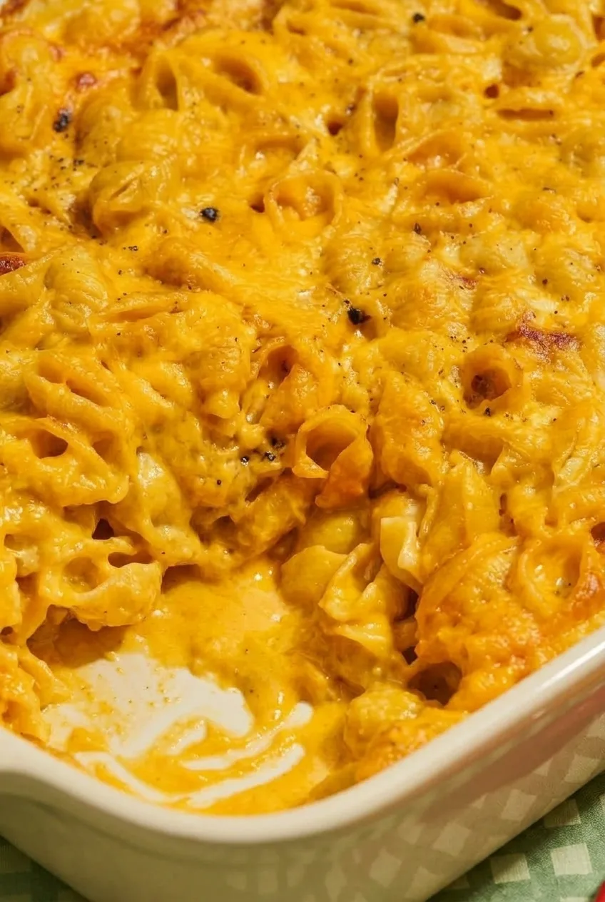 Close view of creamy cheese-coated shells beneath the lightly browned top of baked no-roux mac and cheese