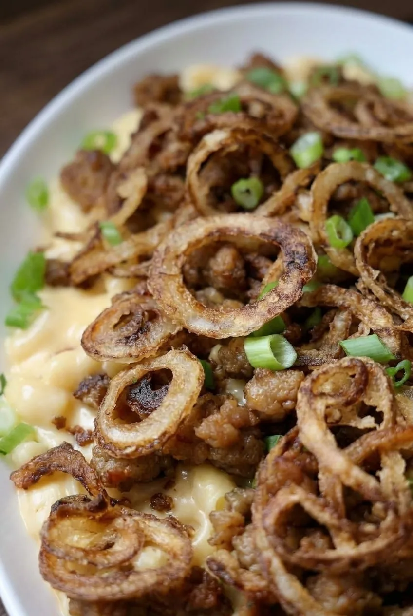 Close view of glossy cheese-coated macaroni beneath browned sausage, crisp onion rings, and scallions