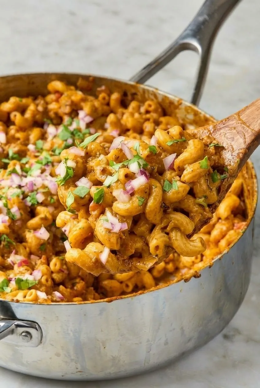 Close view of a wooden spoon lifting sauce-coated elbows and beef from taco mac and cheese