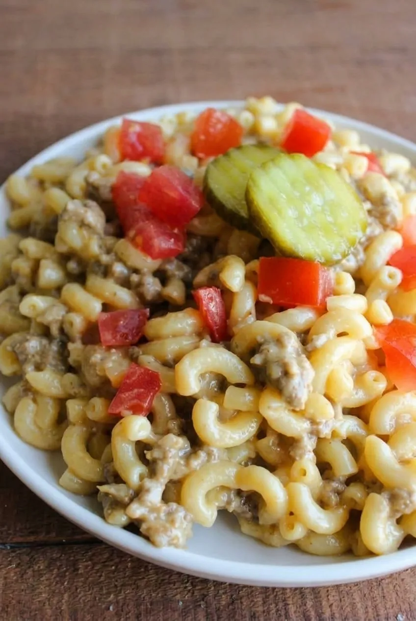 Close view of cheese-coated elbow macaroni, beef crumbles, fresh tomato and pickle chips