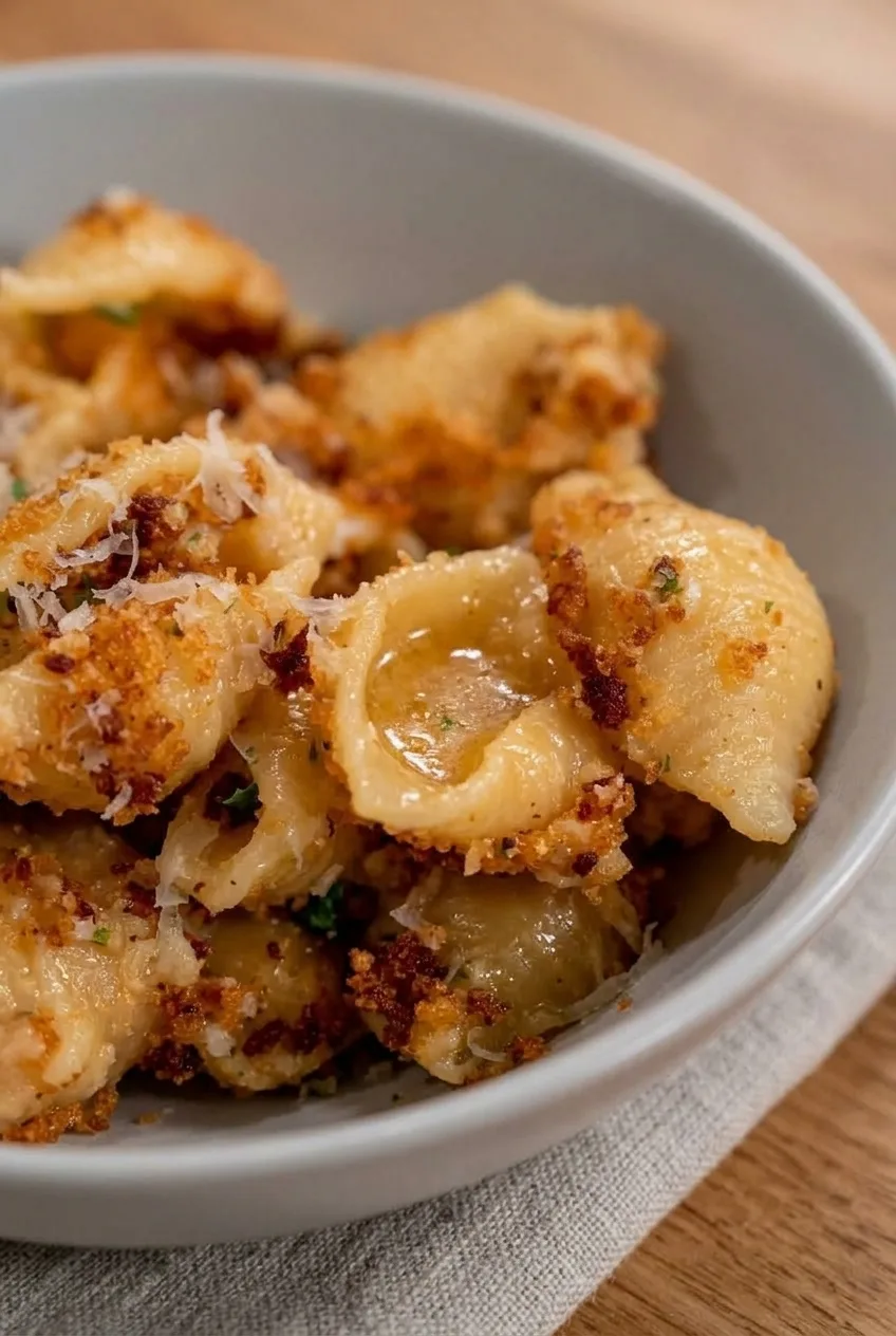 Close view of cheese sauce inside pasta shells beneath scattered toasted crumbs and Parmesan
