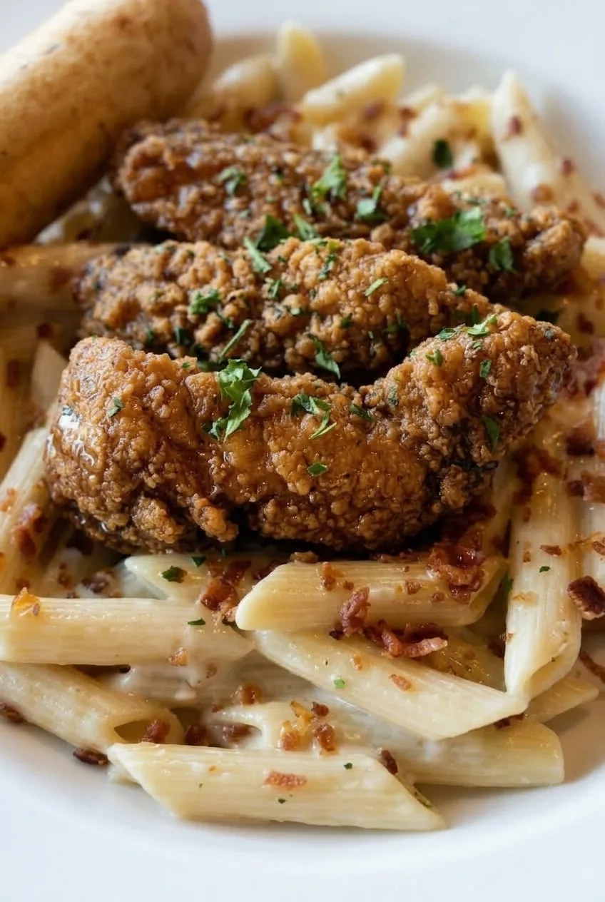 Close view of craggy glazed chicken crust beside creamy penne, bacon and parsley
