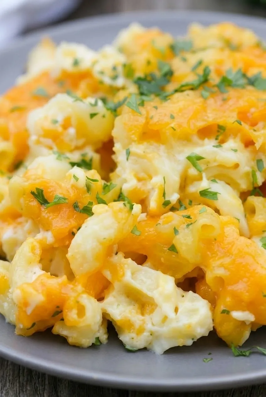 Close view of creamy elbow macaroni, pale pockets, melted cheddar, and chopped parsley