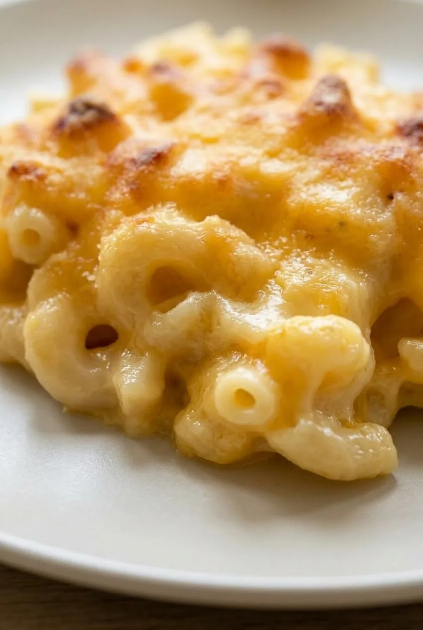 Close view of creamy elbow macaroni beneath the patchy browned cheese top