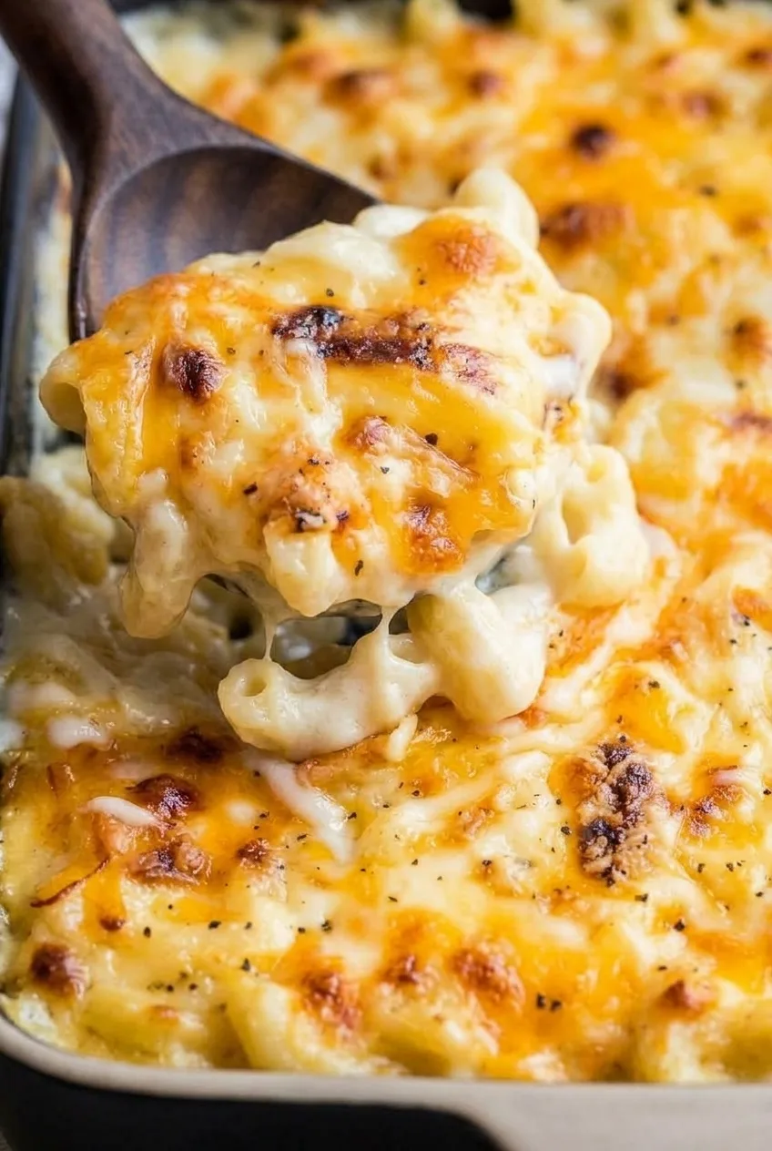 Close view of elbow macaroni and creamy sauce beneath browned cheddar and Monterey Jack