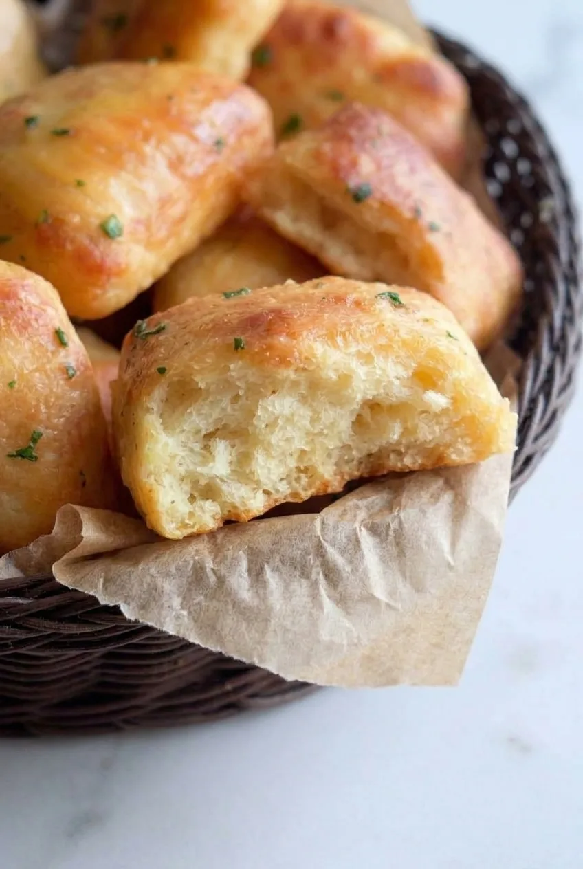 Close view of an opened garlic butter roll showing its fluffy crumb beside glossy, parsley-flecked rolls