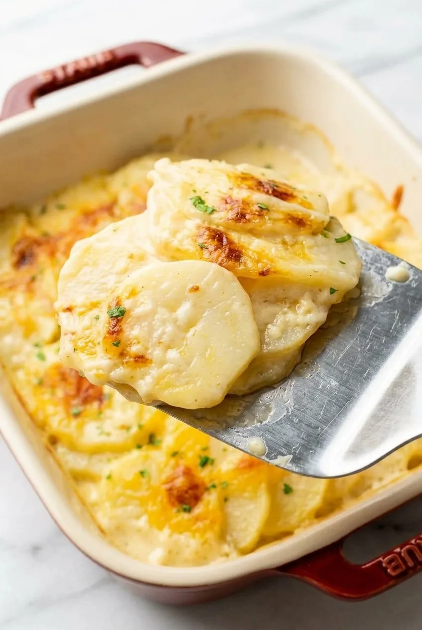 Close view of tender potato rounds with creamy cheddar sauce between the layers and browned cheese on top