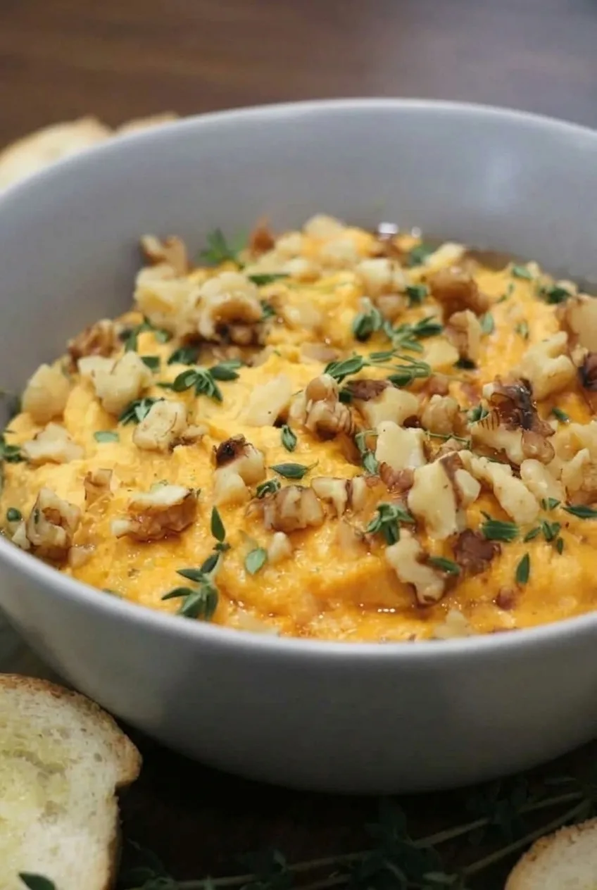 Close view of thick pumpkin whipped feta swirls with chopped walnuts, thyme leaves, and a light honey drizzle