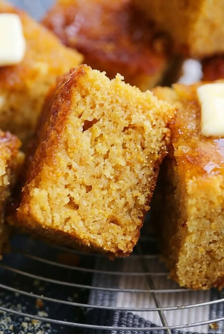 Close view of a honey butter cornbread square showing its moist, grainy crumb and browned, glossy top