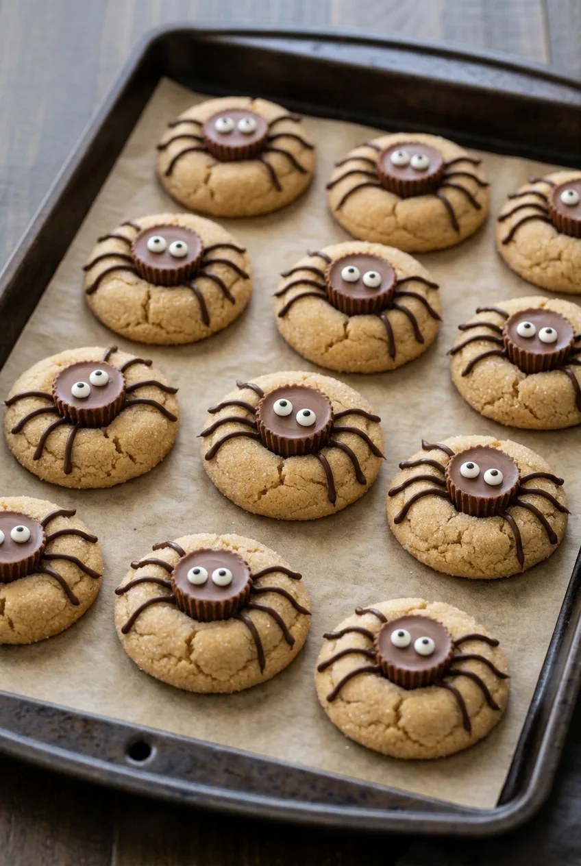 Overhead platter of peanut butter spider cookies with candy eyes and eight thin chocolate legs on each cookie.
