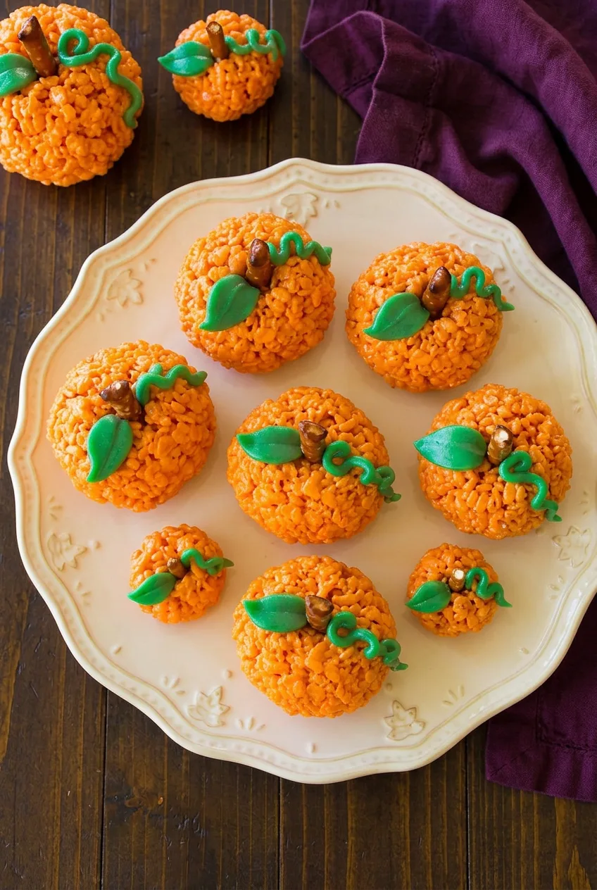 Overhead platter of orange Pumpkin Rice Krispie Treats in varied sizes with pretzel stems and green icing leaves.