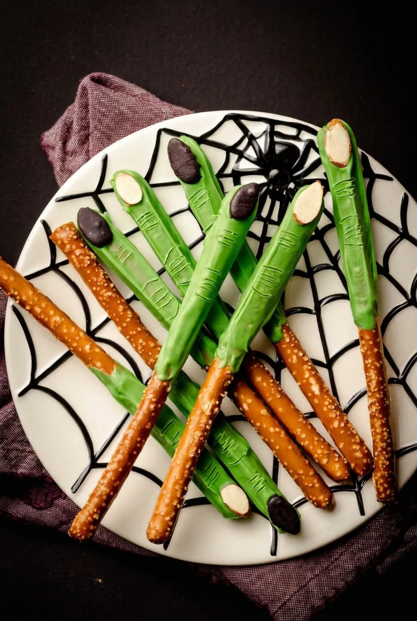 Overhead Halloween platter of green witch finger pretzel rods with exposed salted handles.
