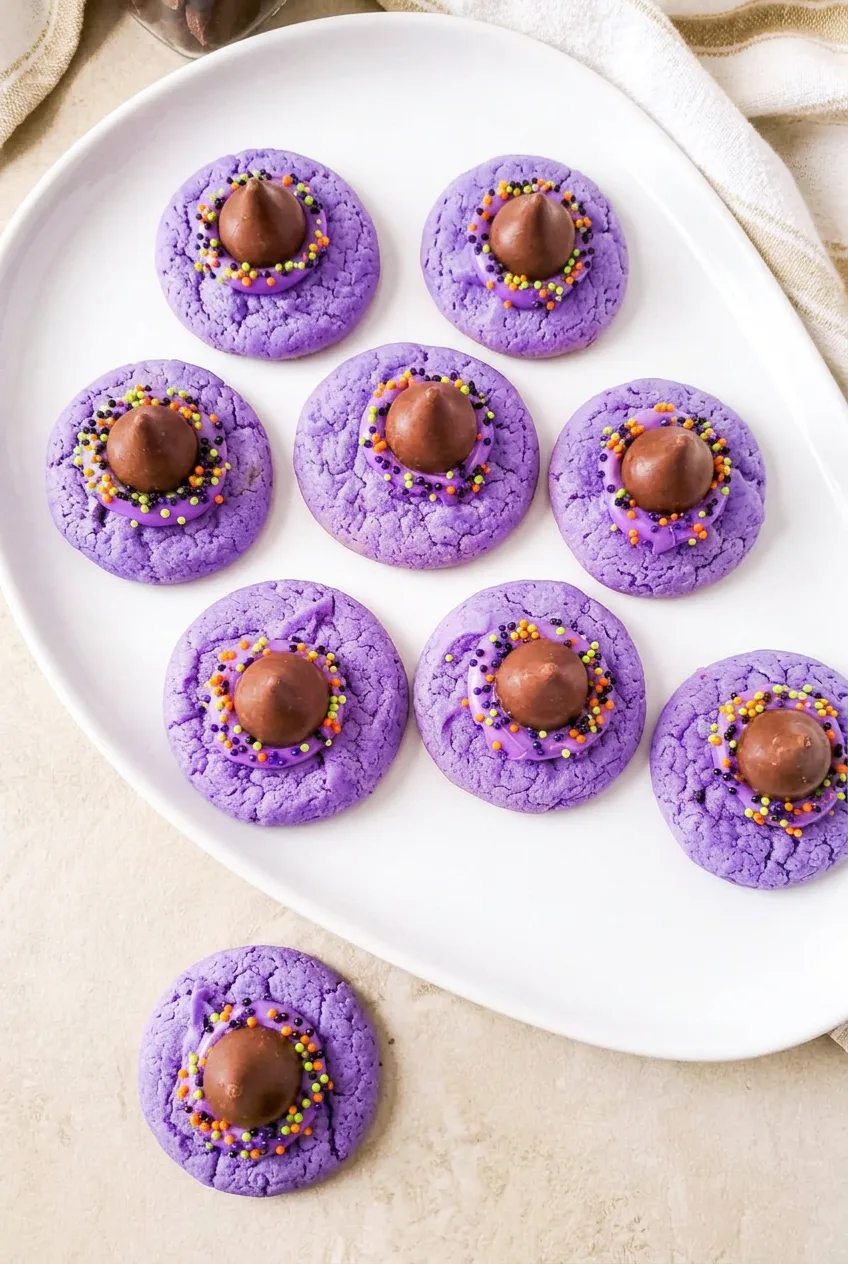 Overhead platter of purple Witch Hat Cookies with chocolate kiss crowns and colorful Halloween sprinkles.