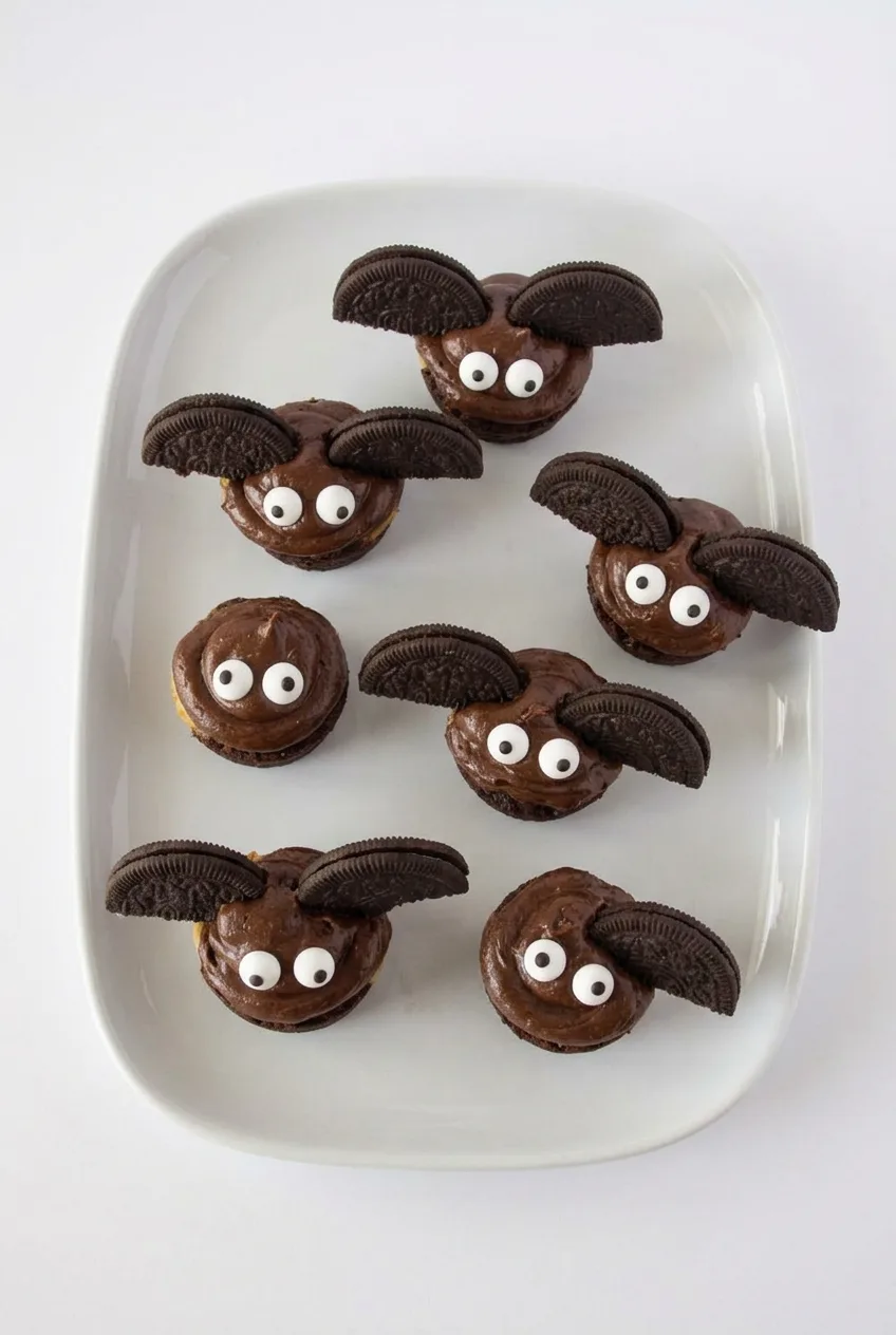 Overhead platter of Halloween brownie bites decorated as bats with chocolate cookie wings and candy eyes.