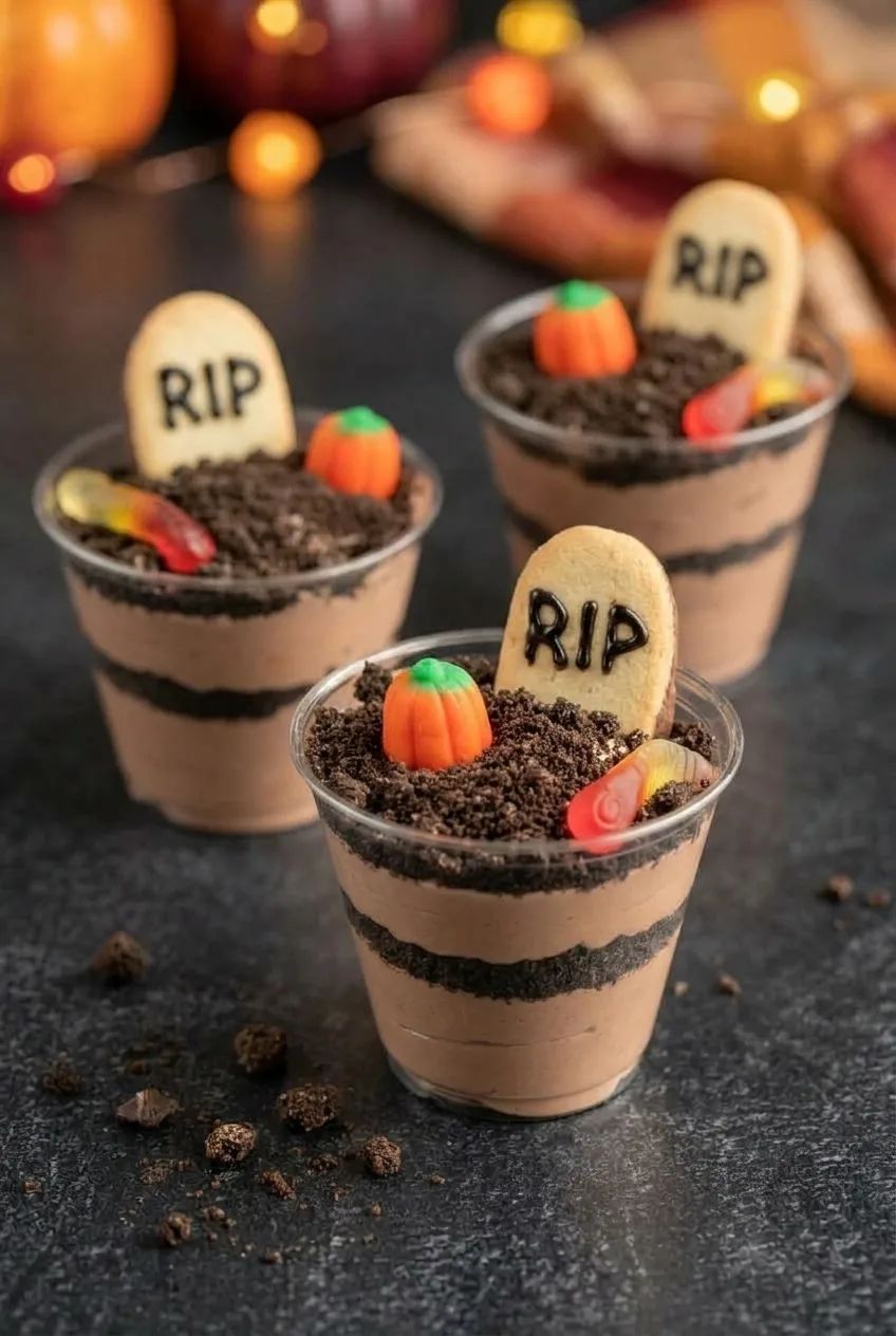 Overhead view of several Halloween dirt pudding cups with RIP cookies, pumpkin candies, and gummy worms