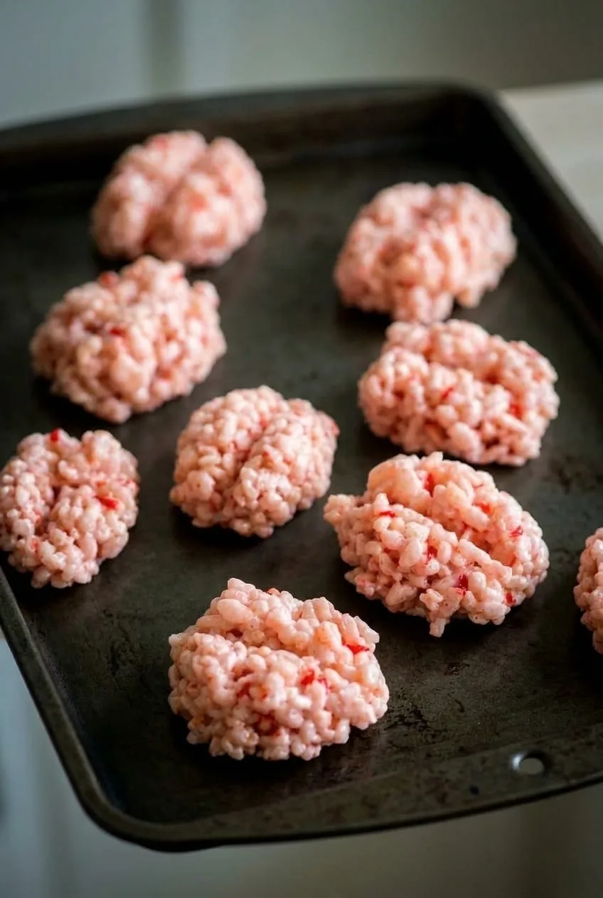 Several pale pink Halloween Brain Rice Krispie Treats arranged on a dark metal tray from a low three-quarter angle.