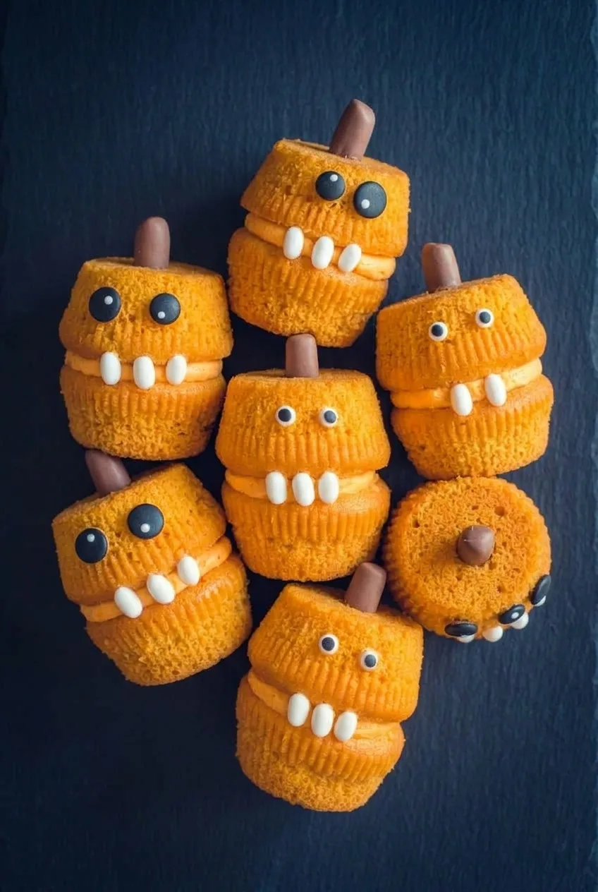 Overhead arrangement of orange stacked pumpkin monster cupcakes with candy eyes, teeth, and brown candy stems