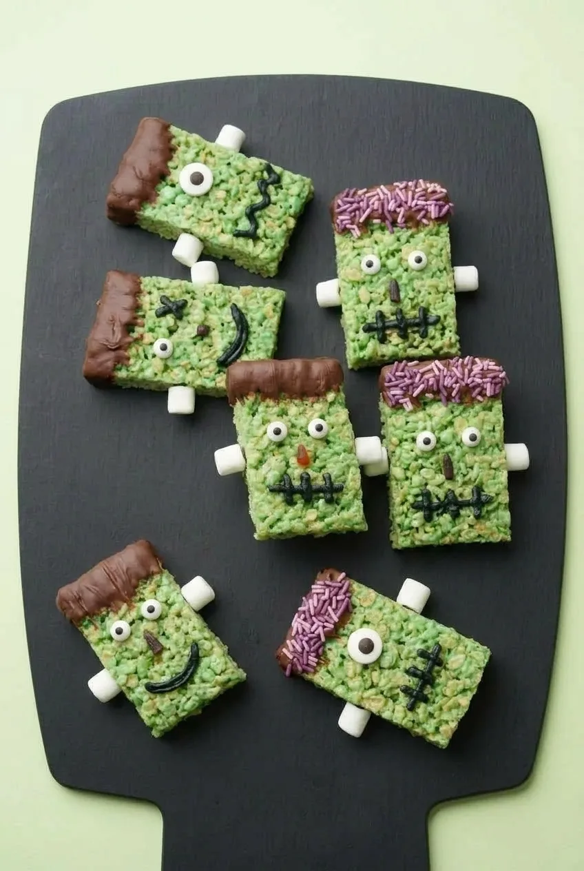 Six green Frankenstein Rice Krispie Treats with varied faces arranged across a dark slate serving board