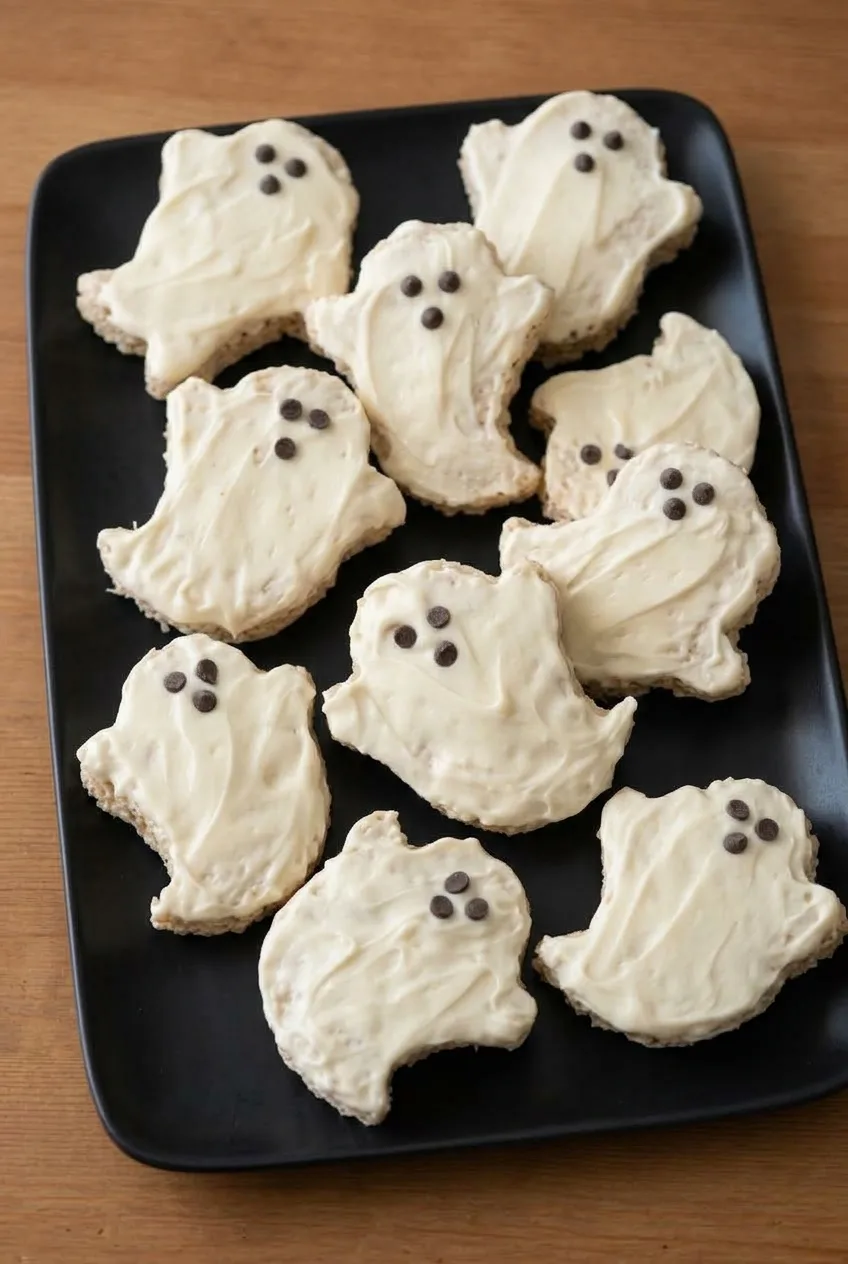 Overhead arrangement of white ghost Rice Krispie treats with chocolate-chip faces on a dark tray