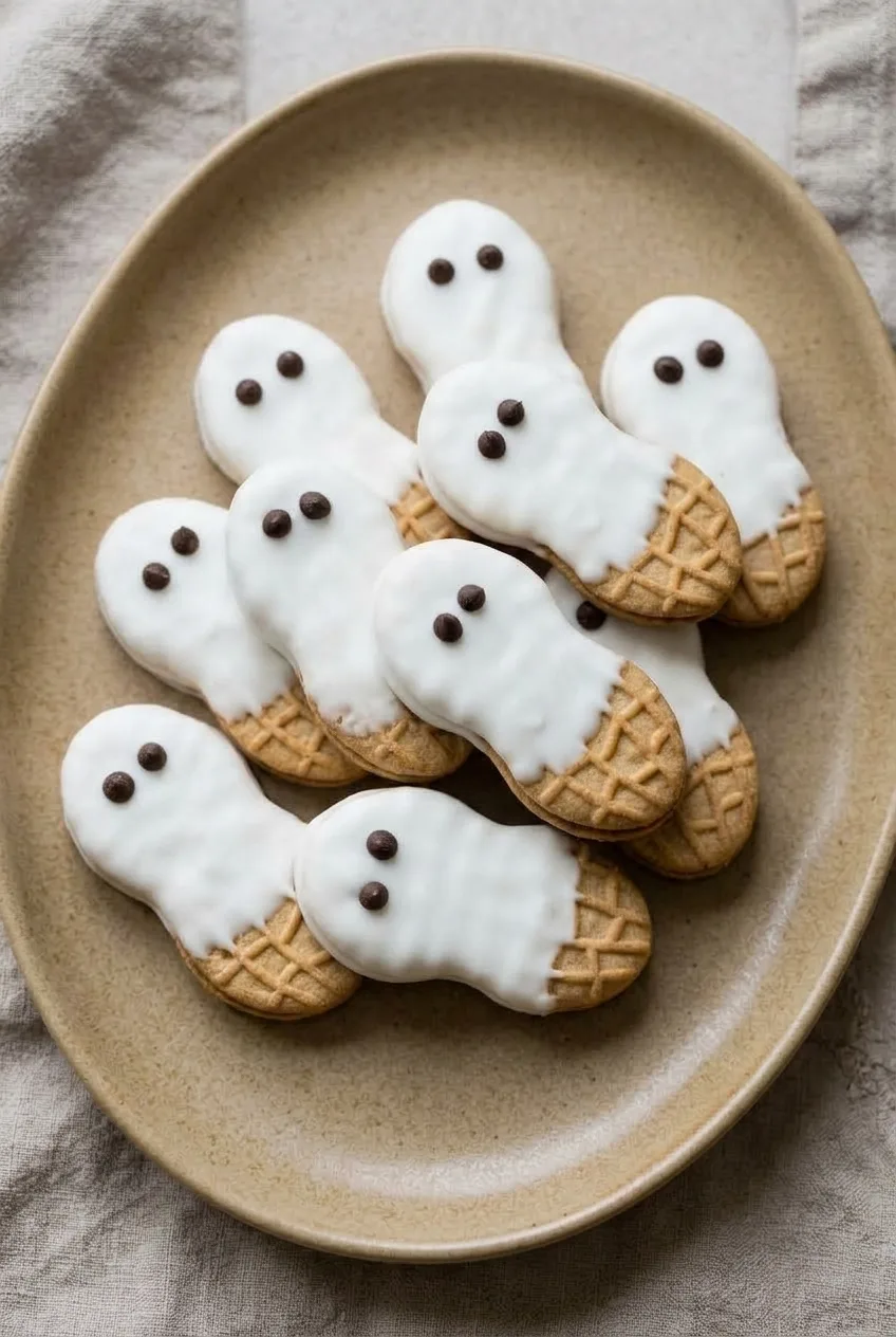 Overhead platter of partial-coated Nutter Butter Ghost Cookies with exposed tan patterned bottoms