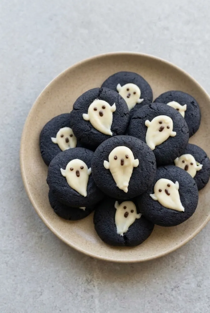 Overhead view of dark ghost thumbprint cookies arranged across a neutral ceramic plate
