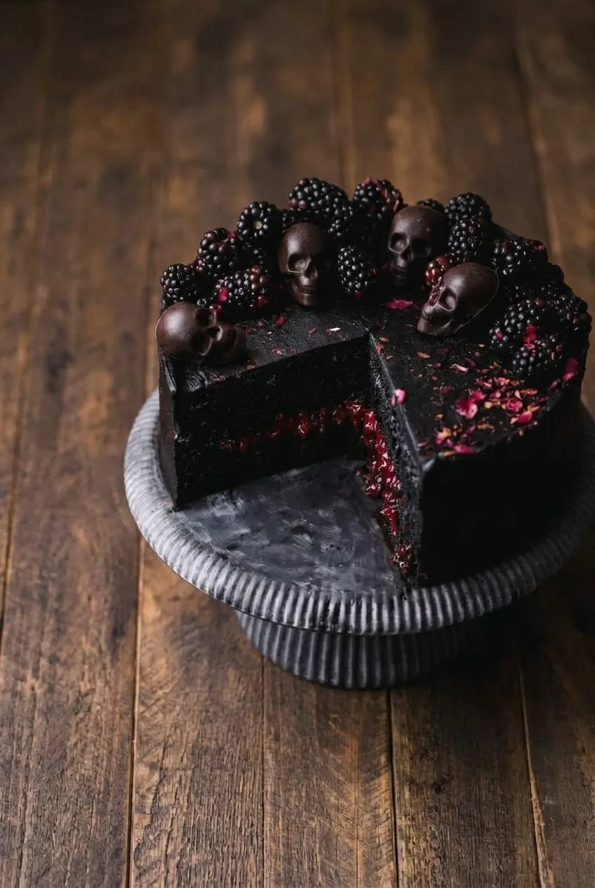 Overhead view of a black velvet Halloween cake topped with chocolate skulls and fresh blackberries.