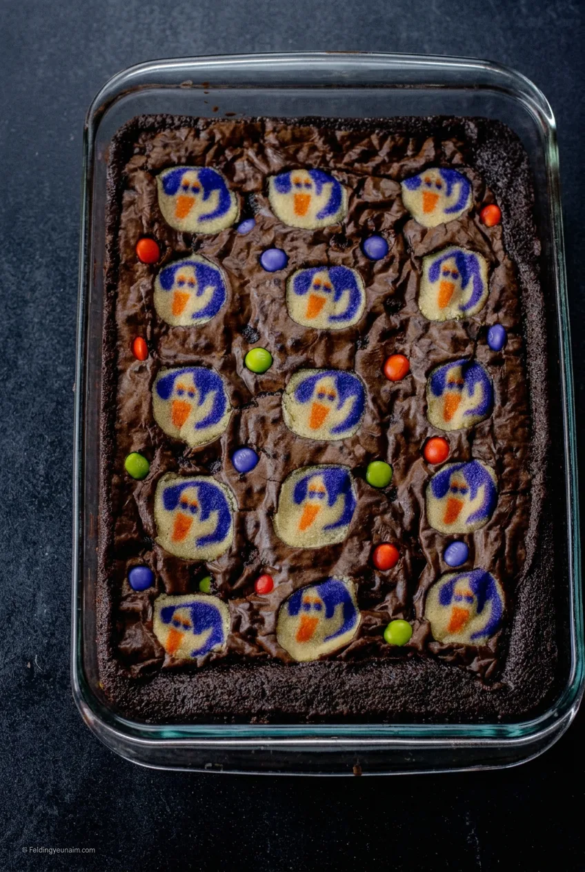 Overhead view of the full pan of Halloween brookies with spaced ghost cookies and Halloween candies.