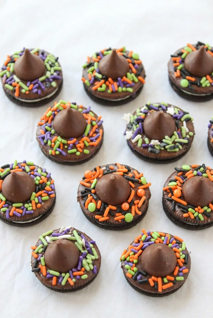 Overhead view of several no-bake witch hat Oreos scattered across white parchment paper.