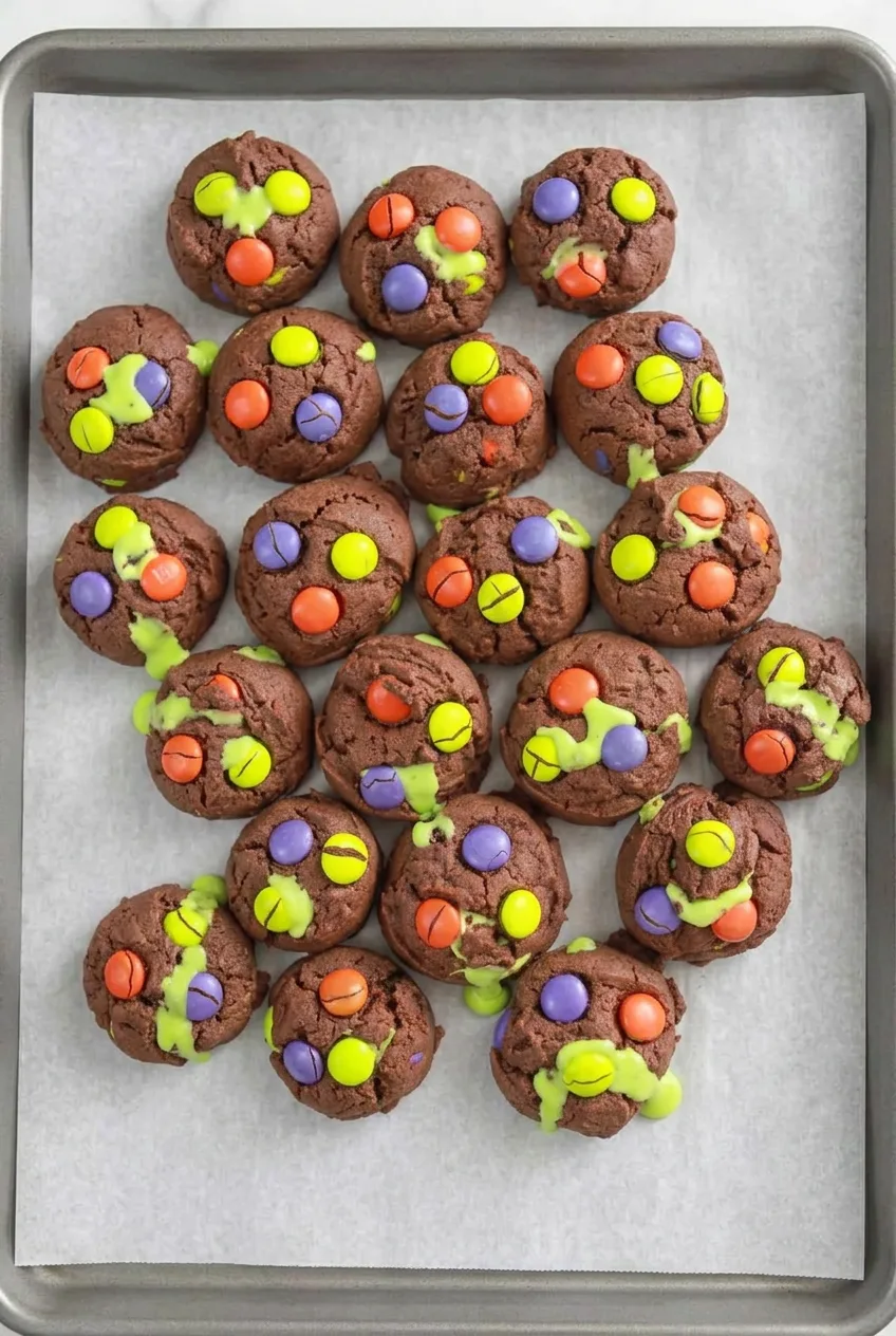 Overhead tray of thick chocolate Halloween cookies with colorful candies and green frosting peeking through cracks.