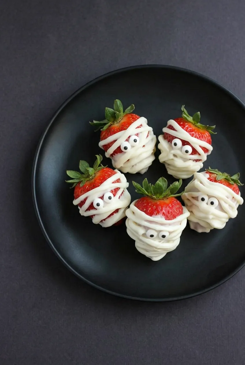 Overhead view of mummy strawberries with red fruit and white wraps arranged on a black plate