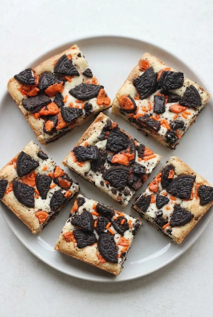Overhead view of Halloween Oreo cake bars arranged on a neutral plate with dark cookie chunks and orange sprinkles.