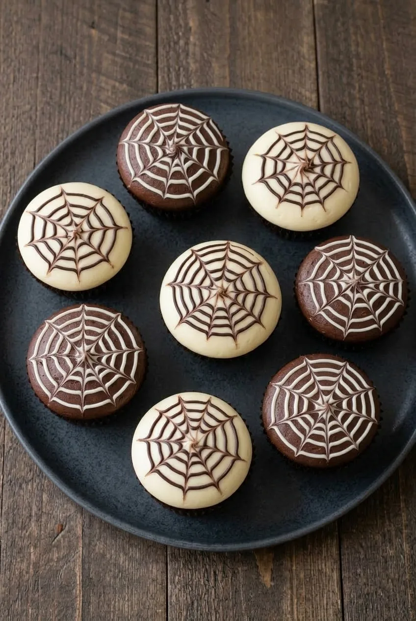 Overhead serving view of mixed dark and ivory spiderweb cupcakes arranged on a dark platter