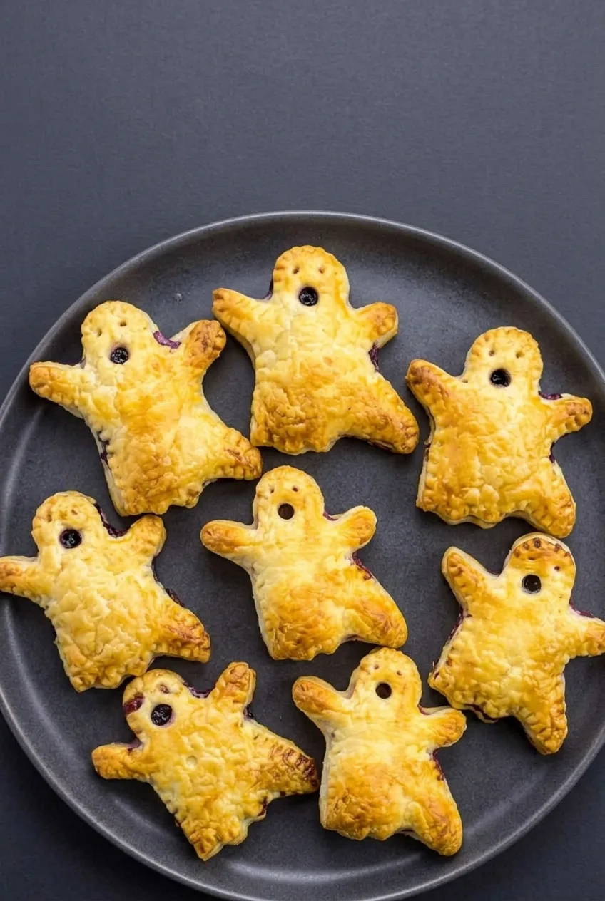 Overhead view of golden blueberry-filled ghost hand pies arranged across a dark serving platter.