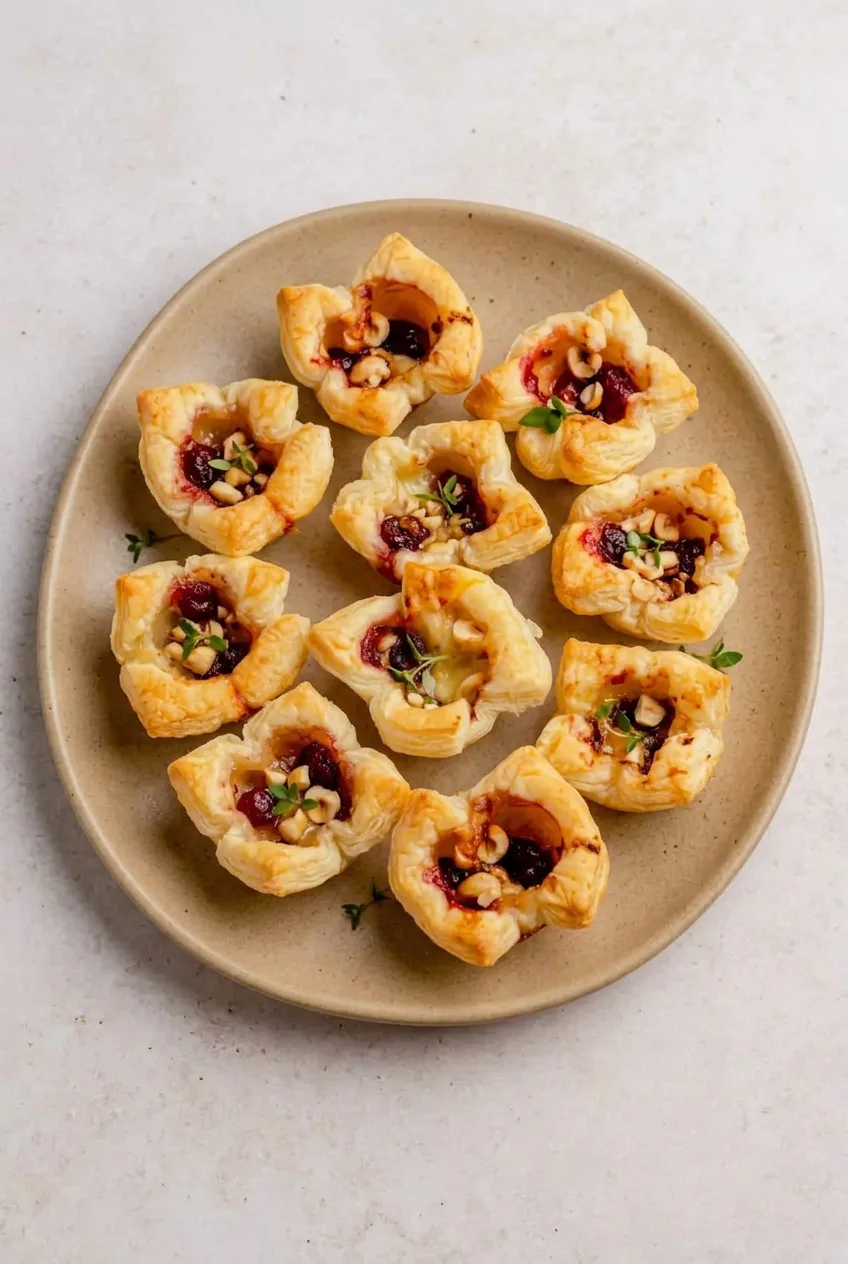 Overhead view of cranberry Brie bites clustered on a neutral platter with golden pastry, cranberry filling, hazelnuts, and thyme.
