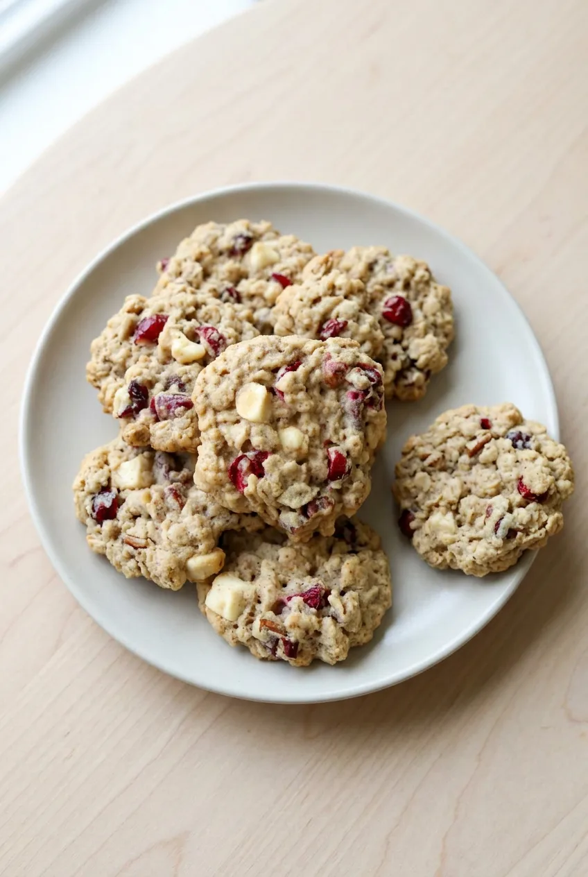 Overhead view of cranberry oatmeal cookies arranged on a simple light plate with visible oats, pecans, and white chocolate.