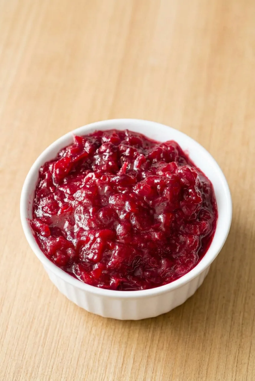 Near-overhead view of chunky homemade cranberry sauce in a small ceramic bowl on a warm wood surface.