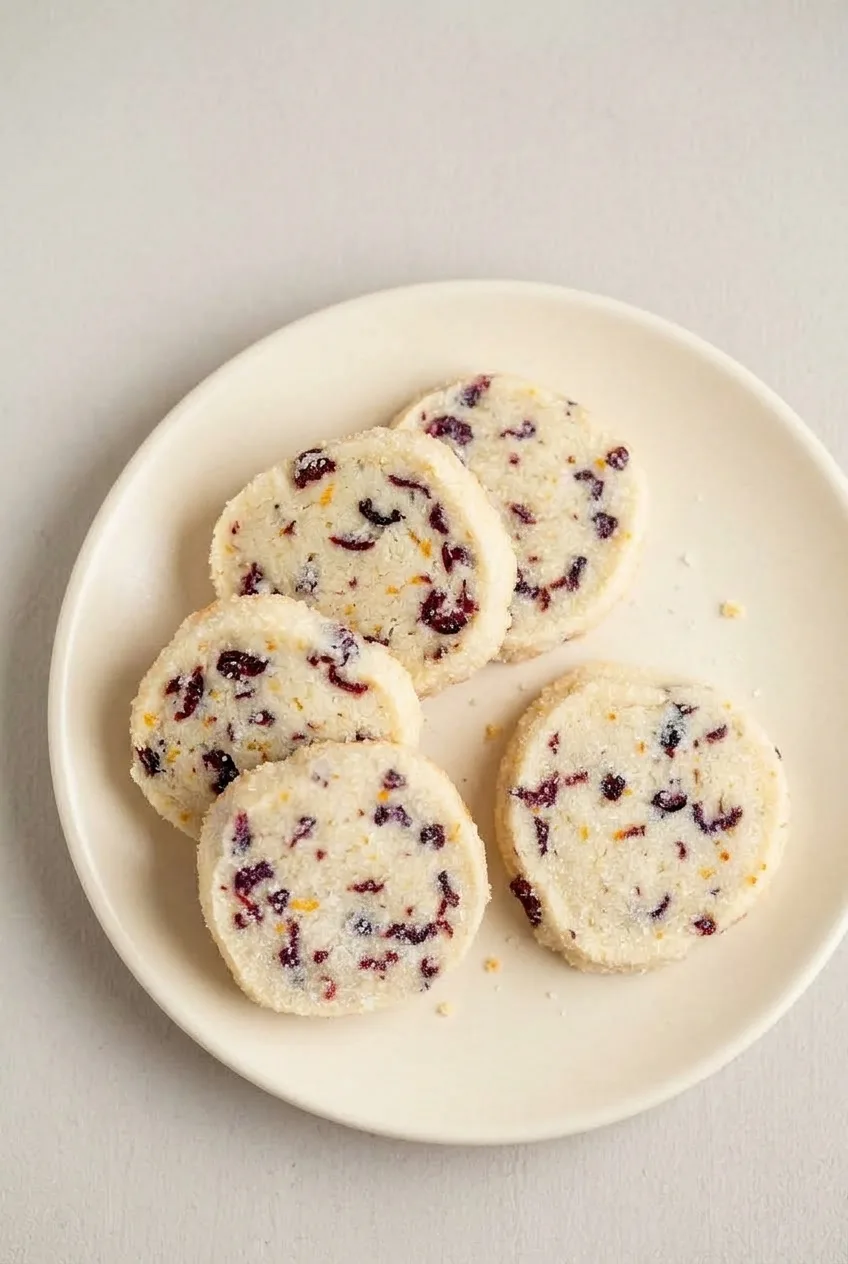 Near-overhead view of cranberry orange shortbread cookies arranged on a cream plate with one cookie set apart.
