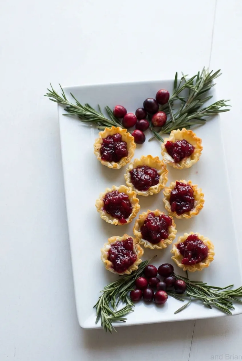 Overhead view of Cranberry Brie mini tarts loosely arranged on a rectangular platter with rosemary and cranberries.