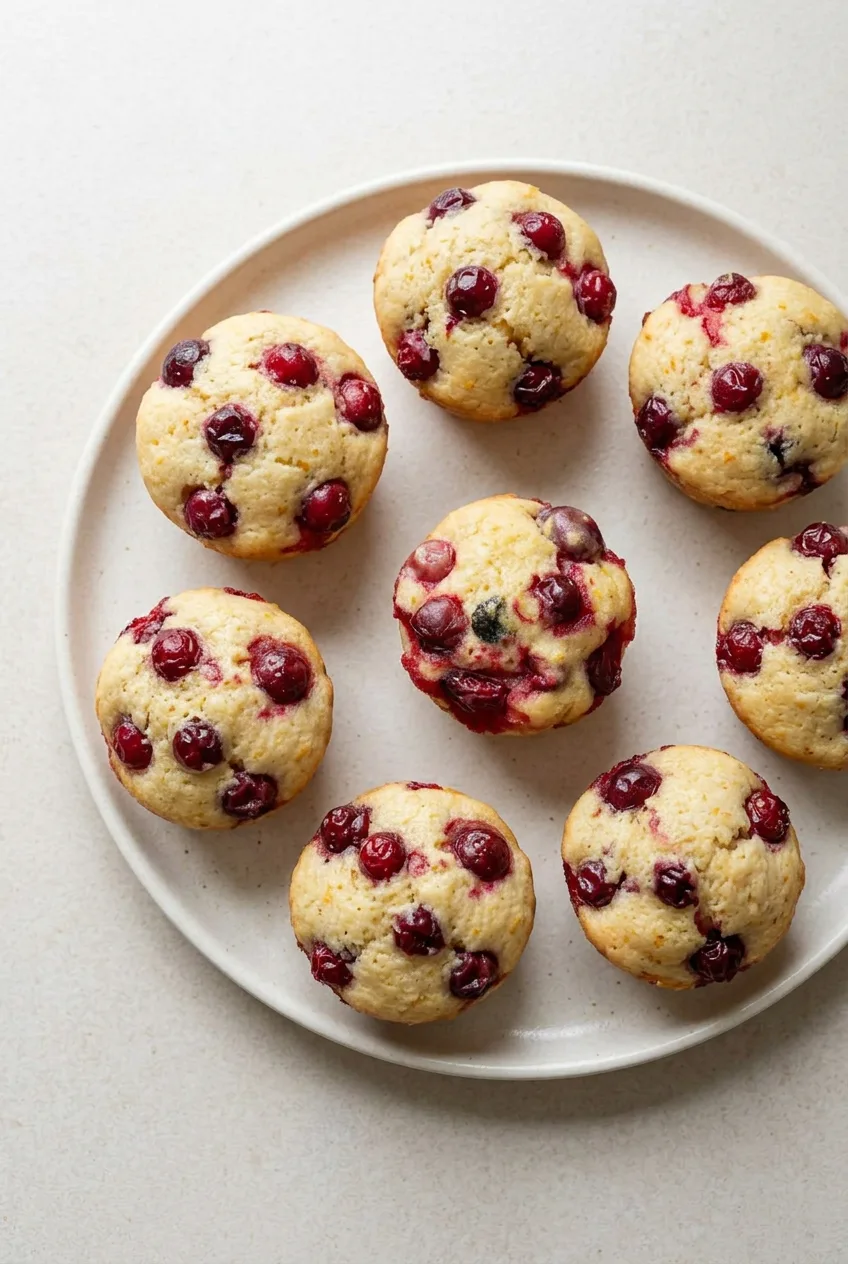 Overhead view of plain unlined cranberry orange muffins with visible whole berries on a cream plate.