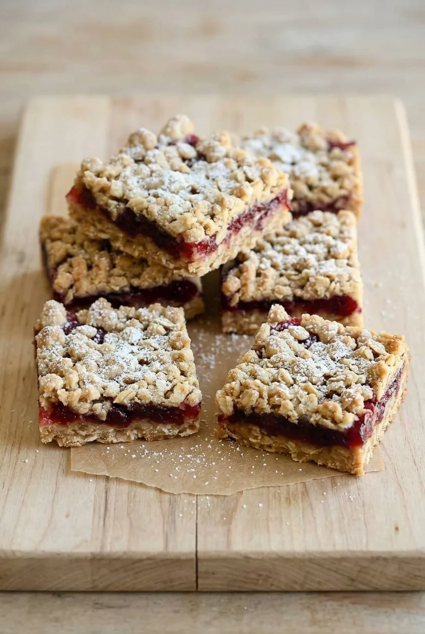 Overhead view of cranberry crumble bars arranged on parchment over a rustic wood board