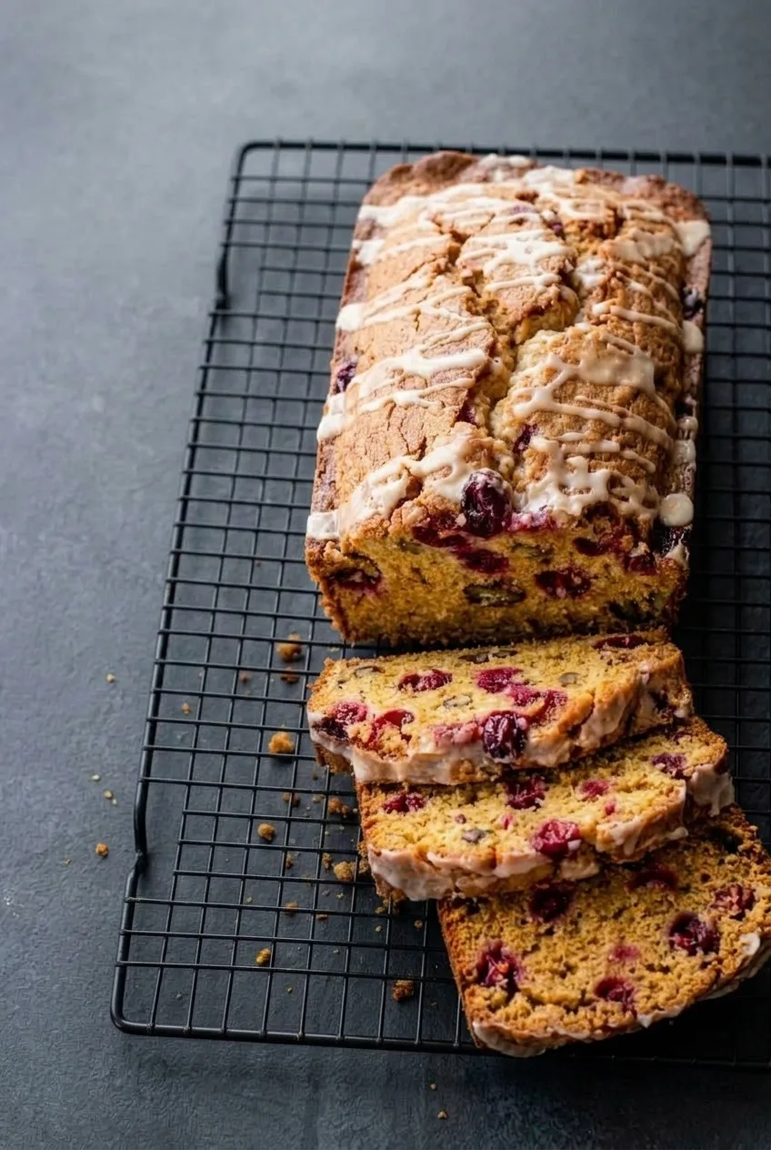 Overhead view of sliced glazed orange cranberry bread arranged on a dark cooling rack