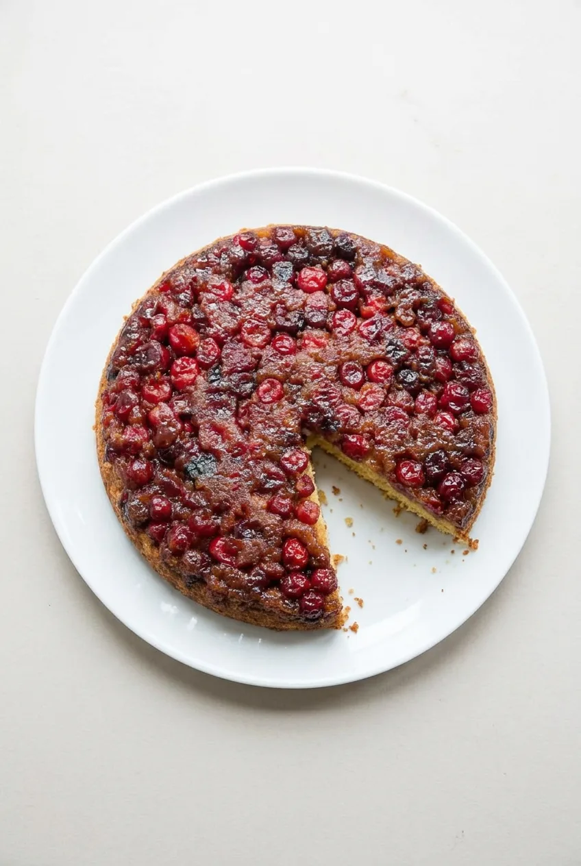 Near-overhead view of a whole cranberry upside-down cake with one wedge removed on a white plate