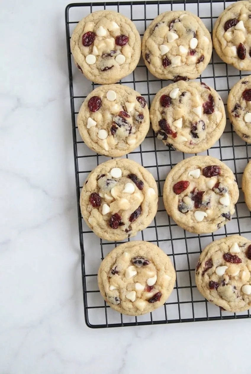 Overhead view of white chocolate cranberry cookies arranged across a black cooling rack on pale stone.