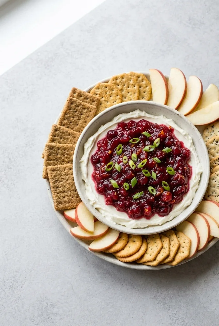 Overhead view of cranberry cream cheese dip in a shallow bowl surrounded by assorted crackers and fanned apple slices.