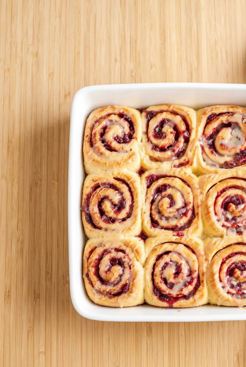 Overhead view of nine glazed cranberry orange sweet rolls baked together in a white square dish.