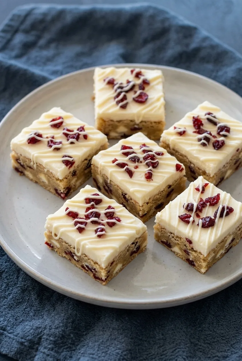 Overhead view of frosted cranberry bliss bars with white chocolate drizzle arranged on a ceramic plate.