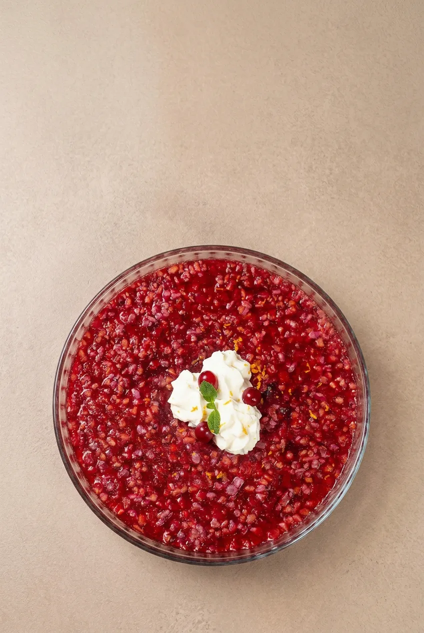 Overhead view of cranberry Jello salad in a clear round glass dish with central whipped cream garnish.