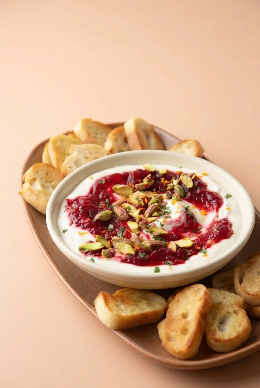 Overhead serving view of cranberry whipped feta dip surrounded by golden toasted baguette crostini.