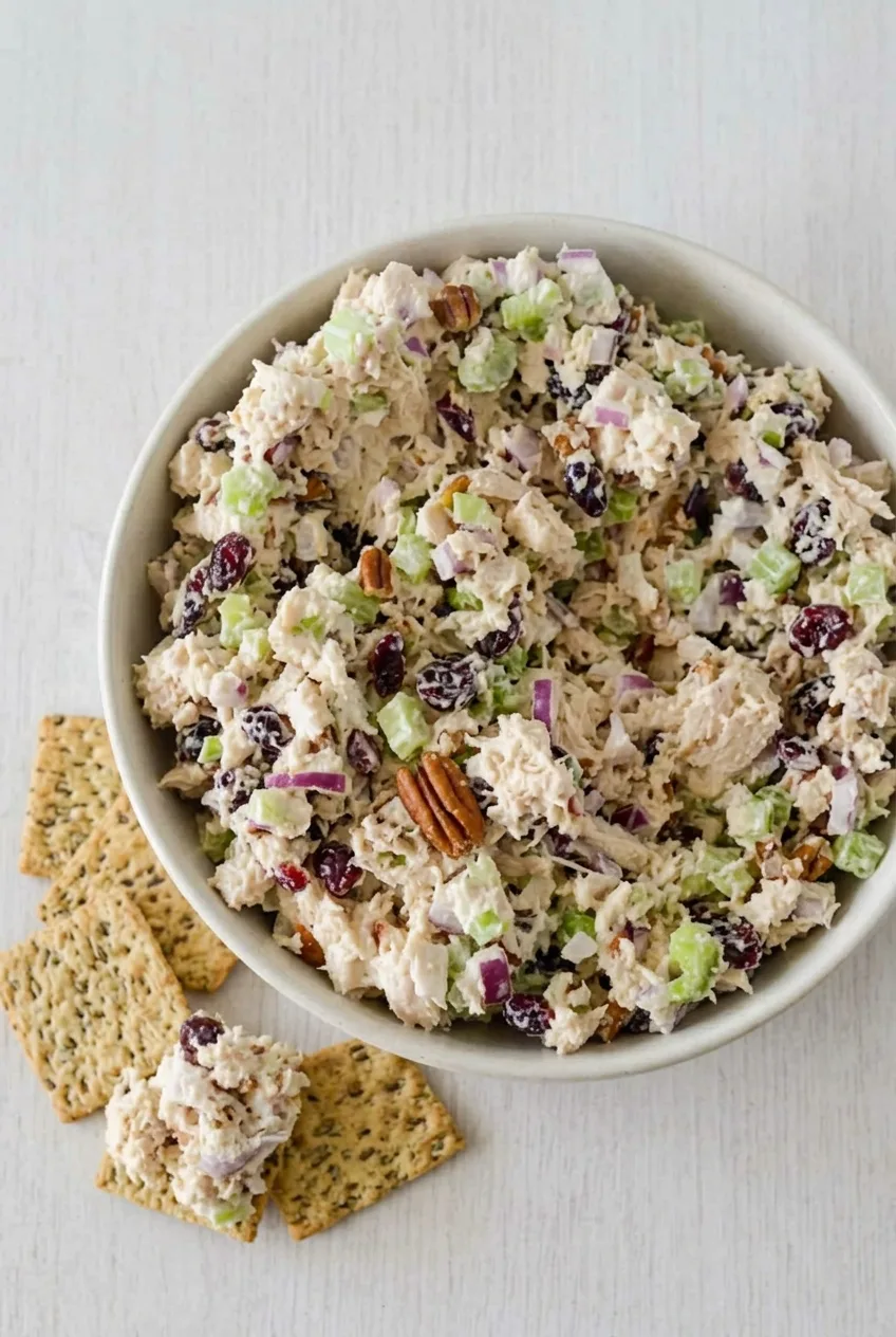 Overhead bowl of cranberry pecan chicken salad served with sturdy seeded crackers