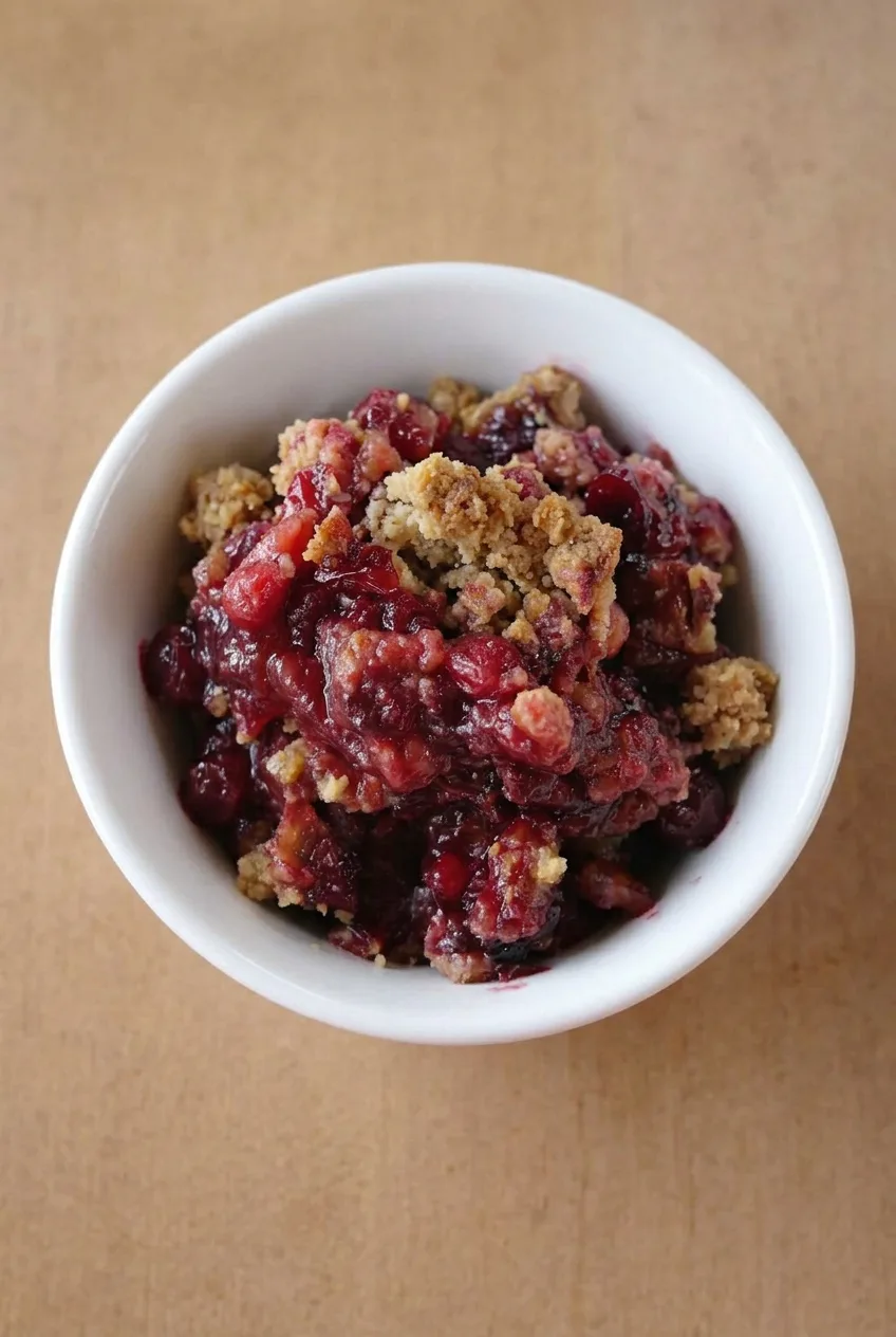 Near-overhead view of a bowl of cranberry orange pecan crisp with ruby berry filling and golden pecan crumble